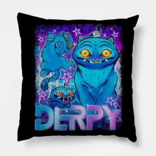 Derpy Cat Funny Neon Blue Tiger Pillow