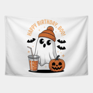 Cute Halloween Ghost with Pumpkin and Boba Tea Tapestry