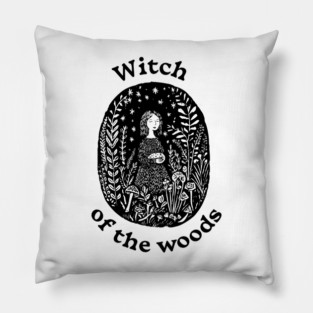 Witch of the Woods Folk Art – Mystical Forest Woman with Herbs, Mushrooms & Stars Pillow