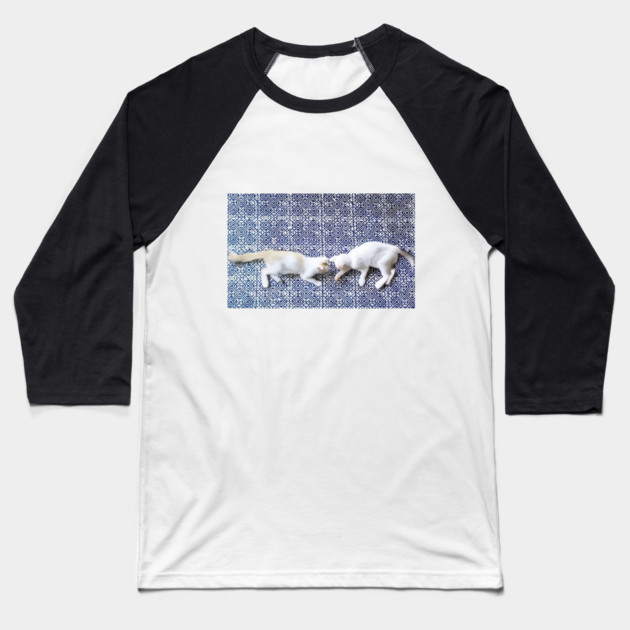 Hmong Harmony – Playful Cats in Tribal Pattern Baseball T-Shirt by Pimcolle