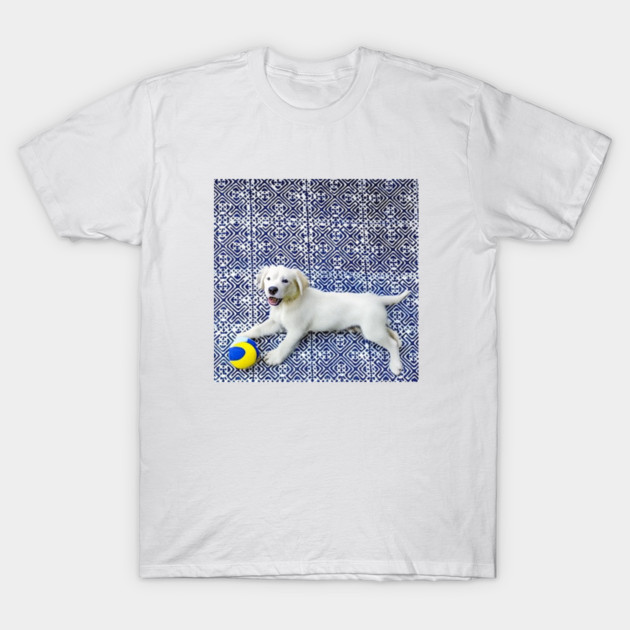 Joyful Pup – Playful Dog in Hmong Tribal Harmony T-Shirt by Pimcolle