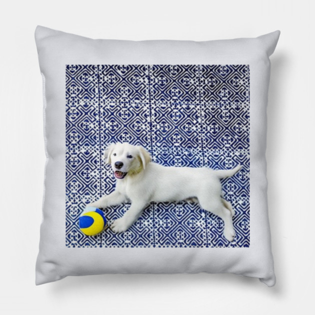 Joyful Pup – Playful Dog in Hmong Tribal Harmony Pillow by Pimcolle