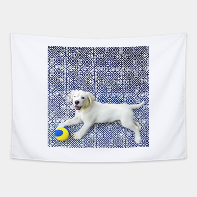 Joyful Pup – Playful Dog in Hmong Tribal Harmony Tapestry by Pimcolle