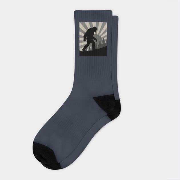 Retro Bigfoot Walking Silhouette in Vintage Grayscale Forest Scene  📝 Description: Socks by DonWillisJrArt