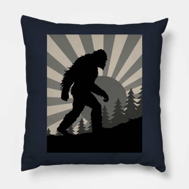 Retro Bigfoot Walking Silhouette in Vintage Grayscale Forest Scene  📝 Description: Pillow by DonWillisJrArt