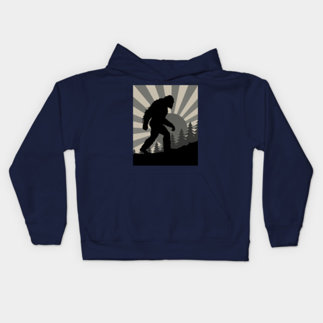Retro Bigfoot Walking Silhouette in Vintage Grayscale Forest Scene  📝 Description: Kids Hoodie by DonWillisJrArt