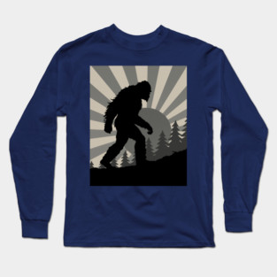 Retro Bigfoot Walking Silhouette in Vintage Grayscale Forest Scene  📝 Description: Long Sleeve T-Shirt