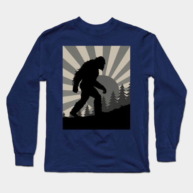 Retro Bigfoot Walking Silhouette in Vintage Grayscale Forest Scene  📝 Description: Long Sleeve T-Shirt by DonWillisJrArt