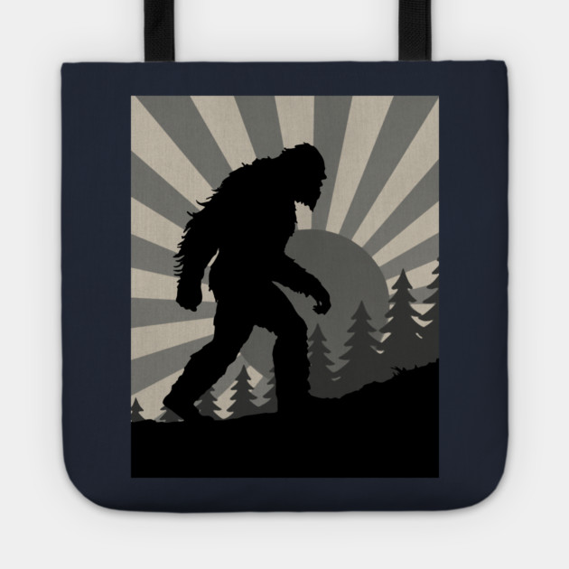 Retro Bigfoot Walking Silhouette in Vintage Grayscale Forest Scene  📝 Description: Tote by DonWillisJrArt