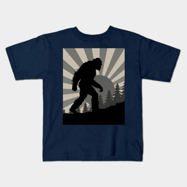 Retro Bigfoot Walking Silhouette in Vintage Grayscale Forest Scene  📝 Description: Kids T-Shirt by DonWillisJrArt