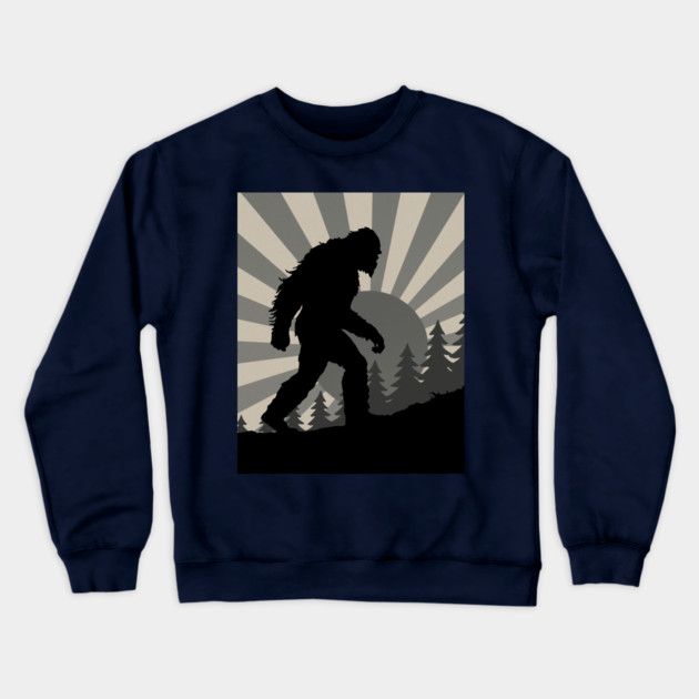 Retro Bigfoot Walking Silhouette in Vintage Grayscale Forest Scene  📝 Description: Crewneck Sweatshirt by DonWillisJrArt