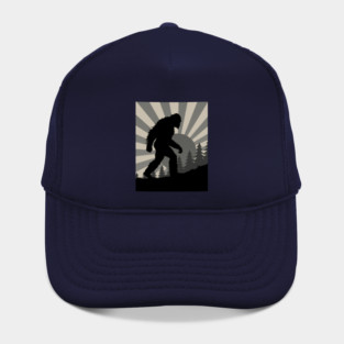 Retro Bigfoot Walking Silhouette in Vintage Grayscale Forest Scene  📝 Description: Hat