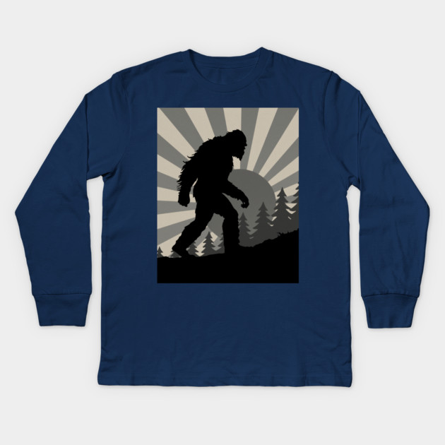 Retro Bigfoot Walking Silhouette in Vintage Grayscale Forest Scene  📝 Description: Kids Long Sleeve T-Shirt by DonWillisJrArt