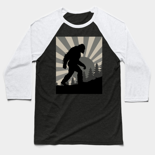 Retro Bigfoot Walking Silhouette in Vintage Grayscale Forest Scene  📝 Description: Baseball T-Shirt by DonWillisJrArt