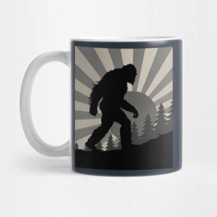 Retro Bigfoot Walking Silhouette in Vintage Grayscale Forest Scene  📝 Description: Mug