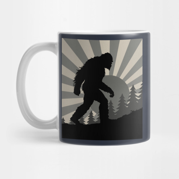 Retro Bigfoot Walking Silhouette in Vintage Grayscale Forest Scene  📝 Description: by DonWillisJrArt