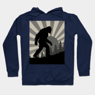 Retro Bigfoot Walking Silhouette in Vintage Grayscale Forest Scene  📝 Description: Hoodie