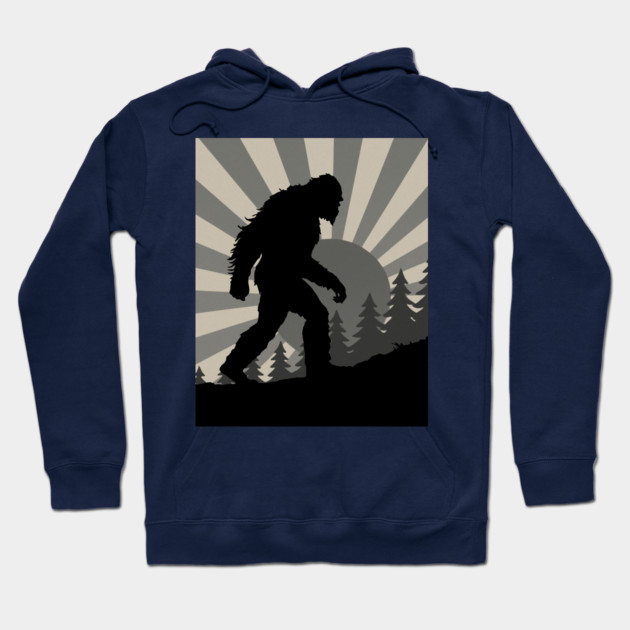 Retro Bigfoot Walking Silhouette in Vintage Grayscale Forest Scene  📝 Description: Hoodie by DonWillisJrArt