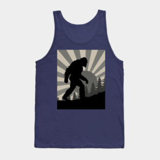 Retro Bigfoot Walking Silhouette in Vintage Grayscale Forest Scene  📝 Description: Tank Top