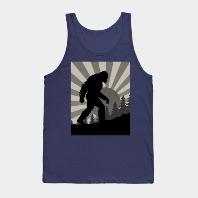Retro Bigfoot Walking Silhouette in Vintage Grayscale Forest Scene  📝 Description: Tank Top by DonWillisJrArt