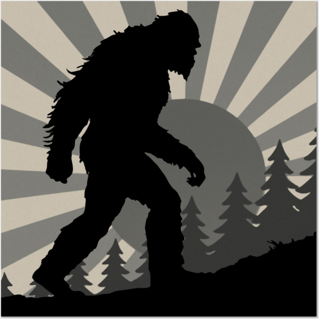 Retro Bigfoot Walking Silhouette in Vintage Grayscale Forest Scene  📝 Description: Wall Art by DonWillisJrArt