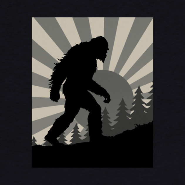 Retro Bigfoot Walking Silhouette in Vintage Grayscale Forest Scene  📝 Description: by DonWillisJrArt