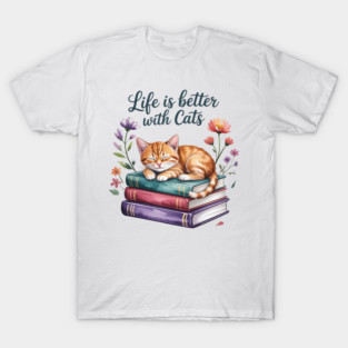 Life is Better with Cats, Ginger Cats Lover, Books and Cats T-Shirt