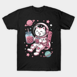 Kawaii Cat Bubble Boba Tea In Space Astronaut T-Shirt