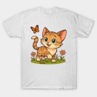 Cute Kitten with Butterfly – Summer Garden Vibes T-Shirt