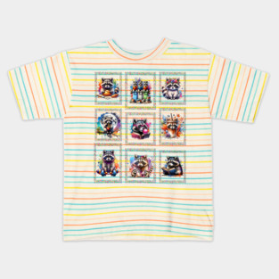 Raccoons Colorful Postage Stamp Array design watercolor art Kids T-Shirt
