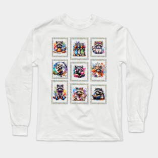 Raccoons Colorful Postage Stamp Array design watercolor art Long Sleeve T-Shirt