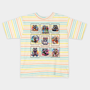 Raccoons Colorful Postage Stamp Array style watercolor design Kids T-Shirt