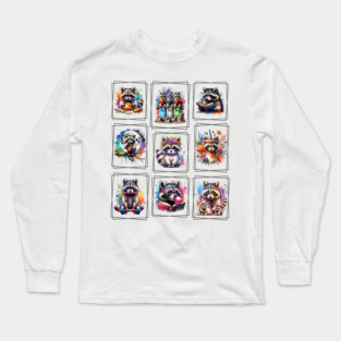 Raccoons Colorful Postage Stamp Array style watercolor design Long Sleeve T-Shirt