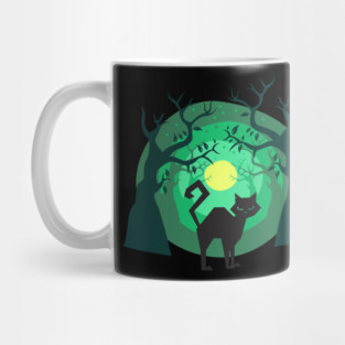 Annoyed Black Cat in Creepy Woods Shirt – Moody Gothic Forest Halloween Aesthetic Mug