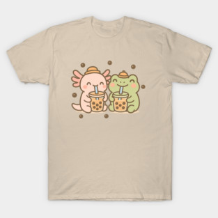Axolotl and Frog Drinking Boba – Kawaii Bubble Tea Animal Duo Shirt T-Shirt