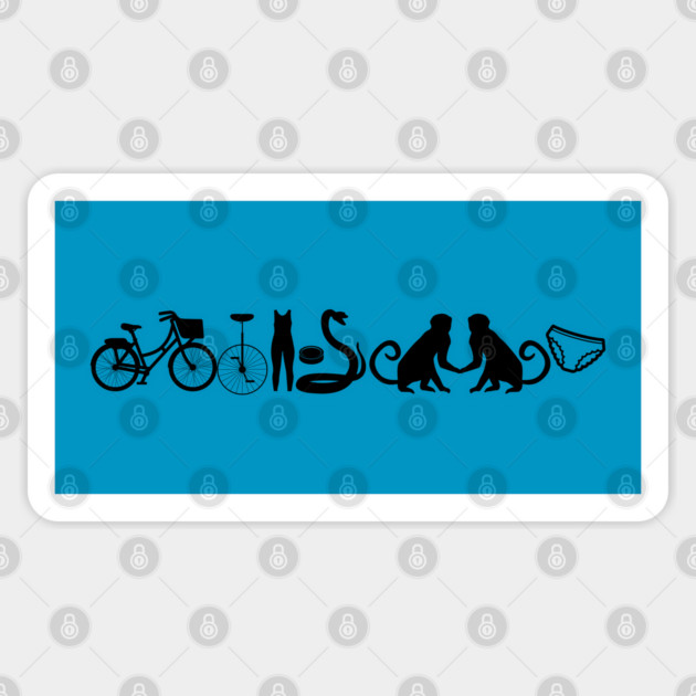 bicycle unicycle unitard hockey puck rattlesnake monkey monkey underpants Sticker by Stars Hollow Mercantile