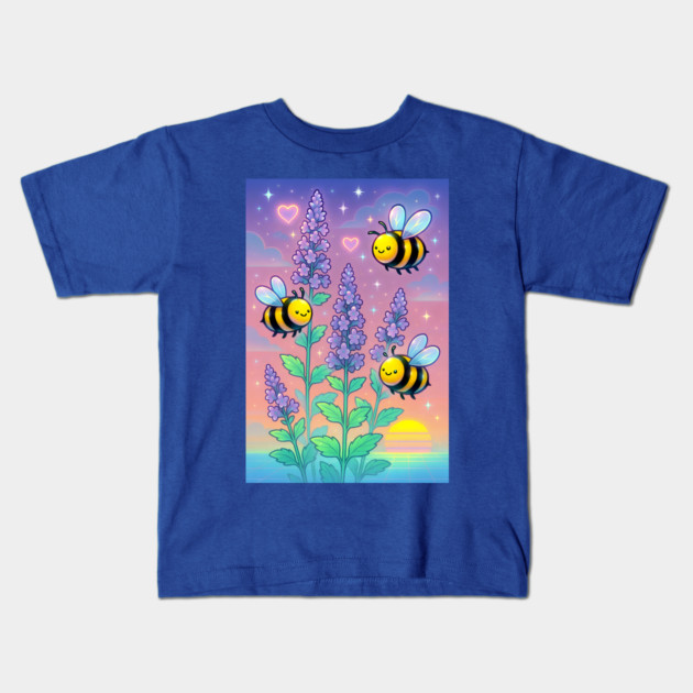 Bumblebee Garden in Sunset Glow – Pastel Chillwave Catmint Art Kids T-Shirt by DonWillisJrArt