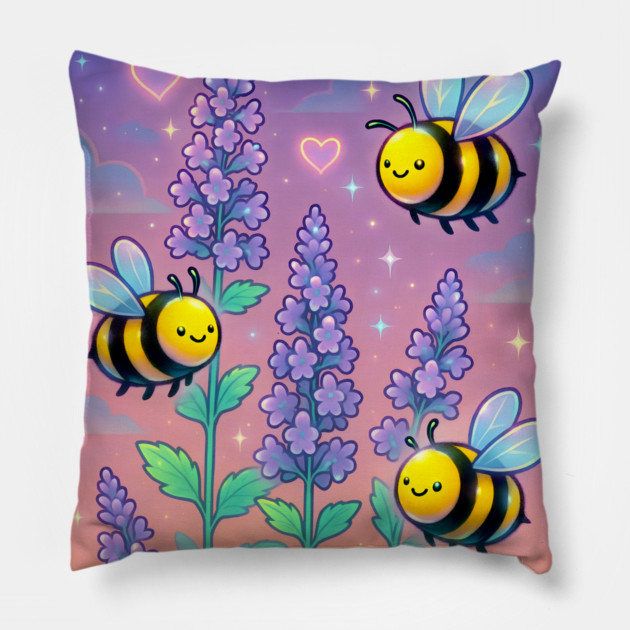Bumblebee Garden in Sunset Glow – Pastel Chillwave Catmint Art Pillow by DonWillisJrArt