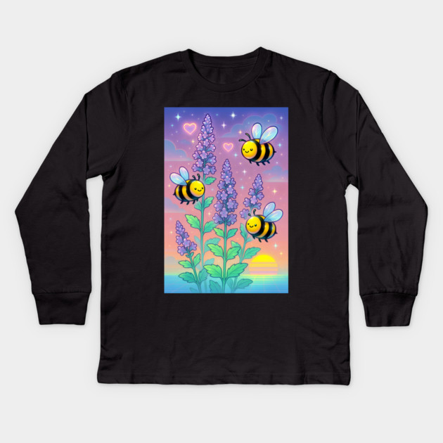 Bumblebee Garden in Sunset Glow – Pastel Chillwave Catmint Art Kids Long Sleeve T-Shirt by DonWillisJrArt