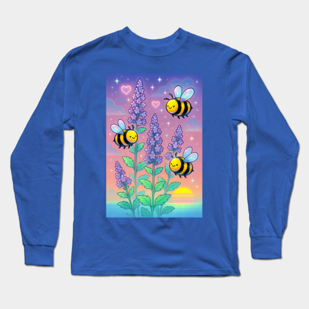 Bumblebee Garden in Sunset Glow – Pastel Chillwave Catmint Art Long Sleeve T-Shirt by DonWillisJrArt