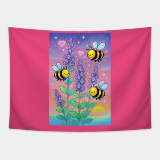 Bumblebee Garden in Sunset Glow – Pastel Chillwave Catmint Art Tapestry