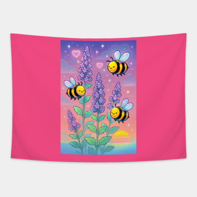 Bumblebee Garden in Sunset Glow – Pastel Chillwave Catmint Art Tapestry by DonWillisJrArt