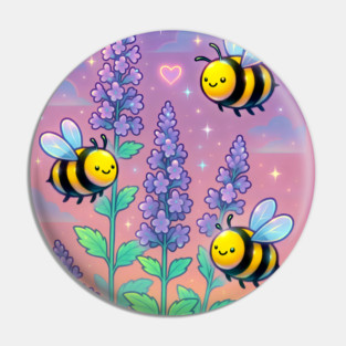 Bumblebee Garden in Sunset Glow – Pastel Chillwave Catmint Art Pin