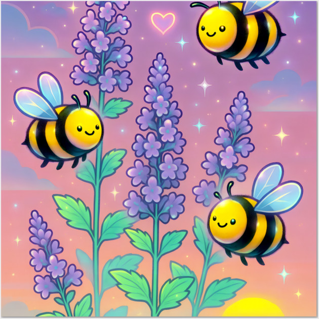 Bumblebee Garden in Sunset Glow – Pastel Chillwave Catmint Art Wall Art by DonWillisJrArt