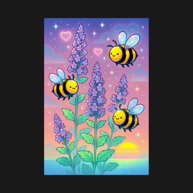 Bumblebee Garden in Sunset Glow – Pastel Chillwave Catmint Art by DonWillisJrArt