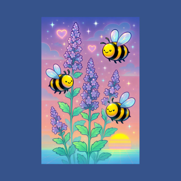 Bumblebee Garden in Sunset Glow – Pastel Chillwave Catmint Art by DonWillisJrArt