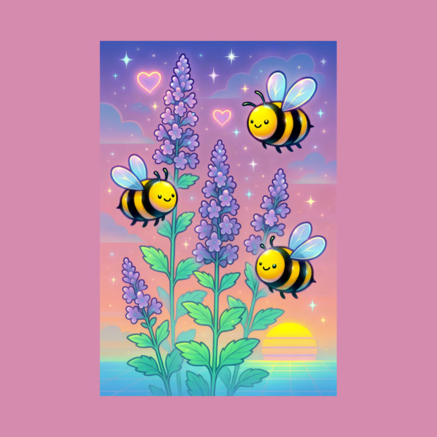 Bumblebee Garden in Sunset Glow – Pastel Chillwave Catmint Art by DonWillisJrArt
