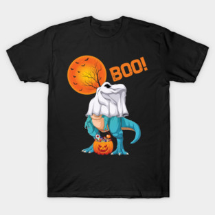 Ghost Dinosaur T rex Funny Boo Halloween Boys Men Pumpkin T-Shirt