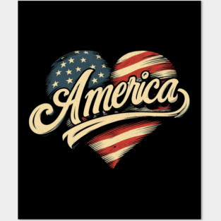 America Flag Heart Posters and Art