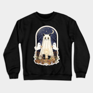 Ghost Cat with Candle and Fall Herbs Under Moonlight Funny Crewneck Sweatshirt